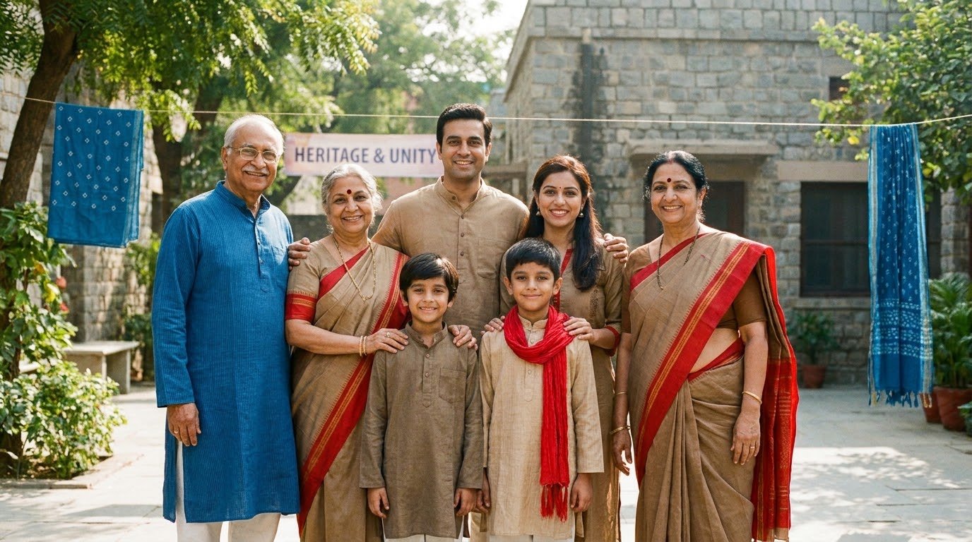 A professional, high-quality photograph of a multi-generational Indian family (grandparents, parents, and children) standing together in a warm, community-focused setting.